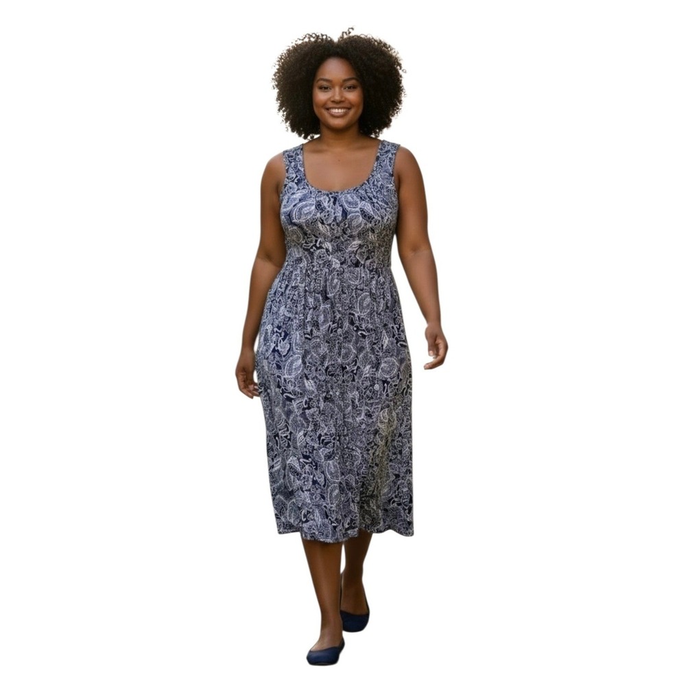 Vintage Navy Blue‎ & White Floral A-Line Sleeveless Midi Stretch Dress 0X 14/16